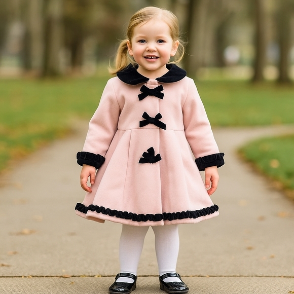 Sophie Rose Toddler Girl Pink Dress Coat with Black Velvet Trim & Bows - Picture 1 of 5